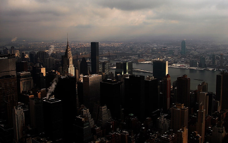 회색 마천루, 뉴욕시, 미국, 도시, 도시 풍경, 스카이 스크 래퍼, 흐린 날씨, HD 배경 화면