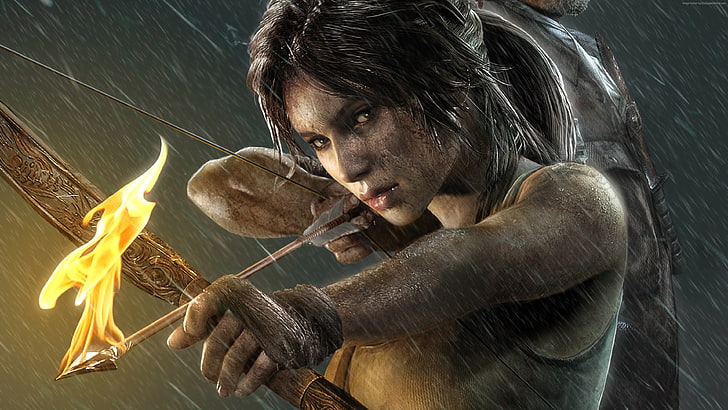 mujer disparando arco con papel tapiz de fuego, Tomb Raider, videojuegos, personajes de videojuegos, Lara Croft, Fondo de pantalla HD