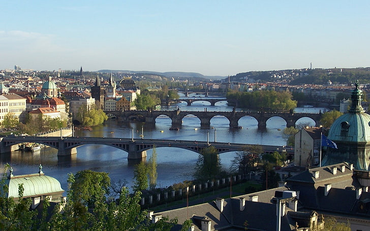aerial photography of three gray suspension bridge and buildings during daytime, the city, view, Prague, Czech Republic, bridges, beautiful, Praga, through, Panoramny, Prague., the river, HD wallpaper