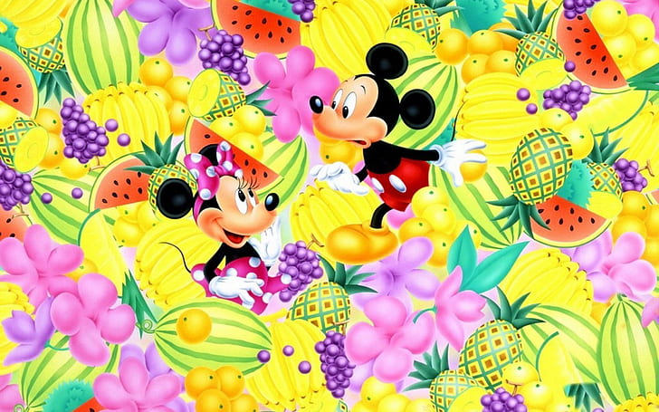Мики и Мини играят криеница сред плодове Диня Ананас Грозде Банани Цитруси и цветя Тапет HD 1920 × 1200, HD тапет
