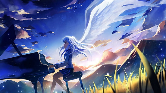 анимирано момиче ангел свири на пиано, аниме, Kanade Tachibana, Angel Beats, HD тапет HD wallpaper