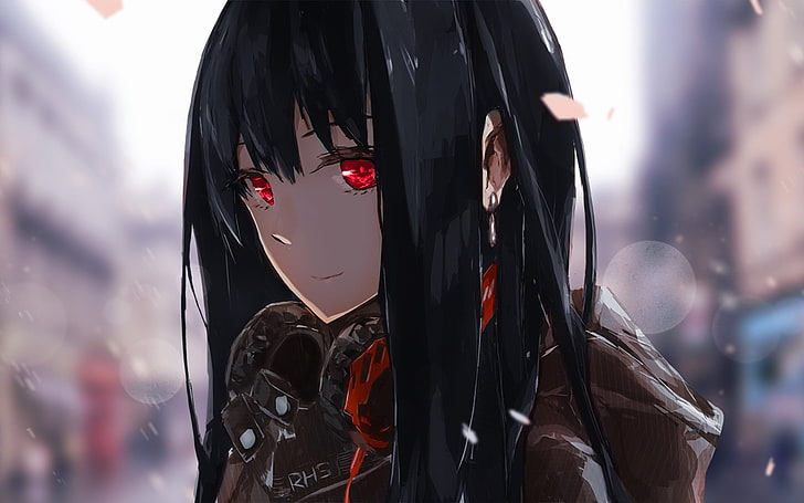schwarze Haare weibliche Anime Charakter Kunst, Anime, Kopfhörer, rote Augen, schwarze Haare, Anime Mädchen, glücklich, Shibuya Rin, Manga, HD-Hintergrundbild