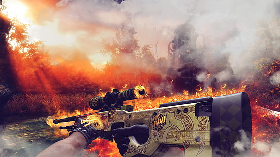 кафява и черна дървена маса, Counter-Strike: Global Offensive, Counter-Strike, снайперска пушка, огън, Fire dragon, Dragon Lore, HD тапет HD wallpaper