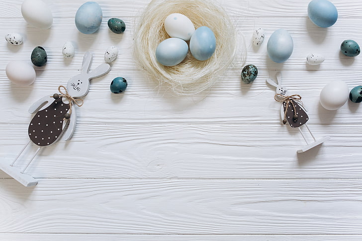 jajka, niebieski, Wielkanoc, biały, drewno, wiosna, zajączek, dekoracja, szczęśliwy, delikatny, Tapety HD