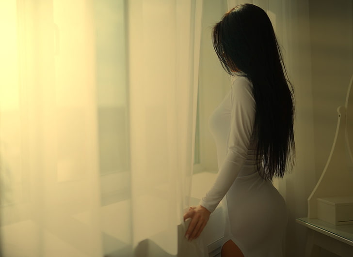 women's white long-sleeved dress, women, white dress, long hair, black hair, window, Marina Shimkovich, HD wallpaper
