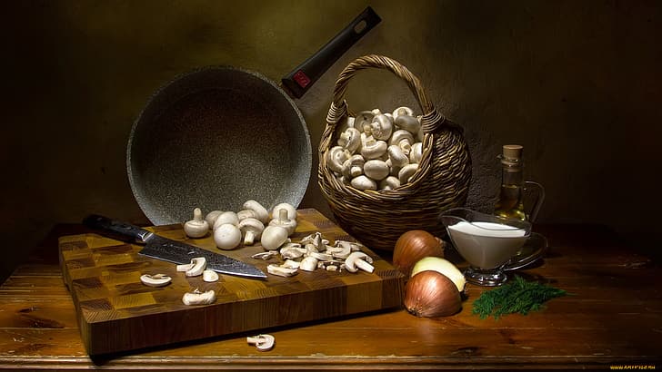 makanan, lukisan alam benda, jamur, pisau, Pan (Memasak), keranjang, Bawang, minyak zaitun, Wallpaper HD