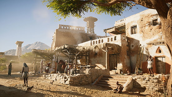 biało-brązowy betonowy dom, Assassin's Creed: Origins, Assassin's Creed, Ubisoft, gry wideo, Tapety HD HD wallpaper