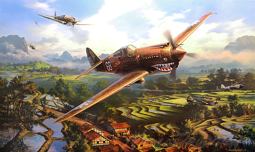 ilustracja brązowego myśliwca, wojna, sztuka, malarstwo, lotnictwo, dzieło sztuki, rysunek, ww2, a6m zero, p-40 tomahawk, latające tygers, Tapety HD HD wallpaper