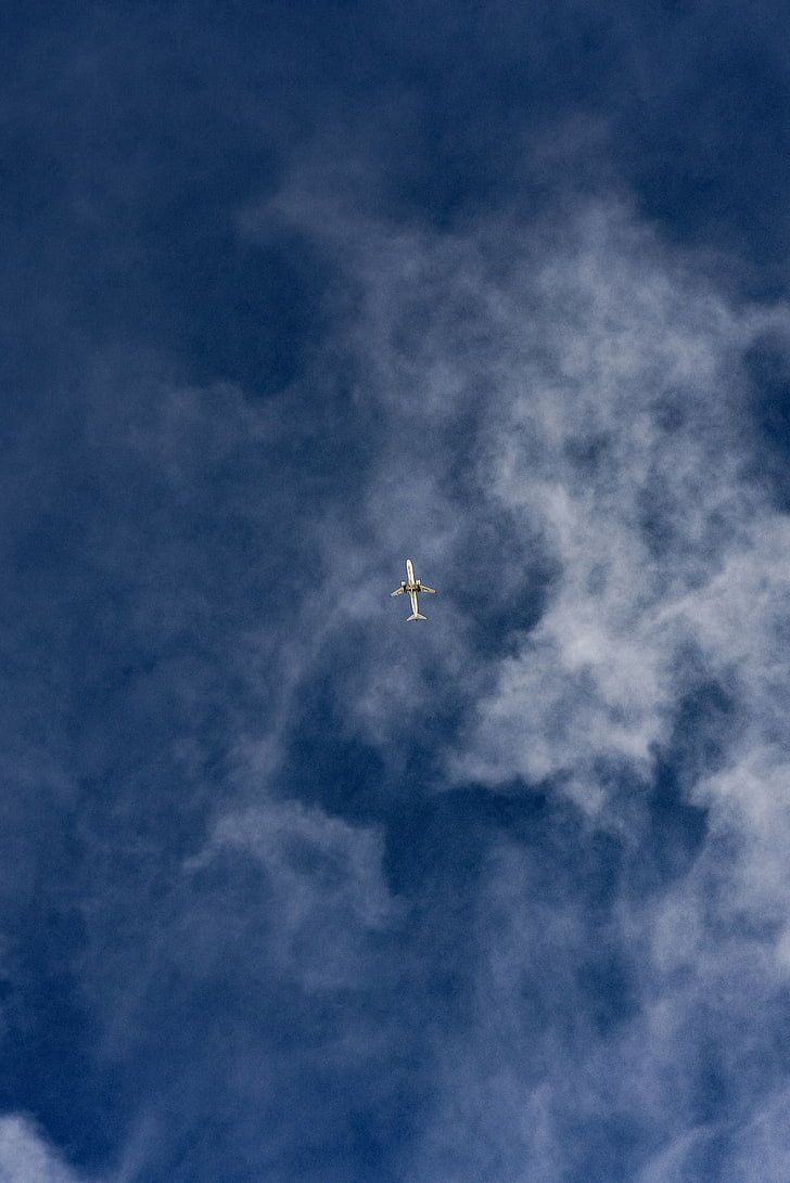 white airplane, airplane, sky, flight, clouds, bottom view, HD wallpaper