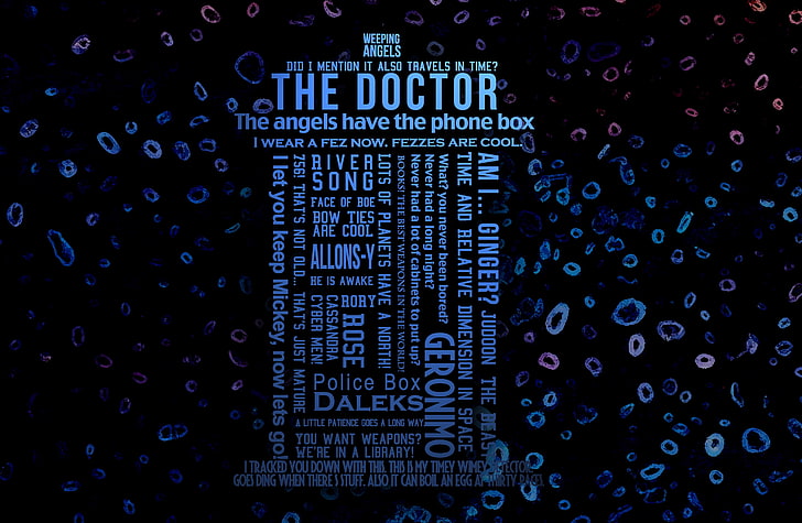 sfondo blu con sovrapposizione di testo, Doctor Who, The Doctor, TARDIS, viaggi nel tempo, umorismo, citazione, tipografia, Sfondo HD
