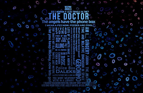 fond bleu avec superposition de texte, Doctor Who, Le Docteur, TARDIS, voyage dans le temps, humour, citation, typographie, Fond d'écran HD HD wallpaper
