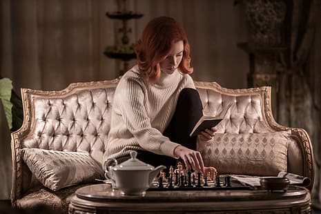 Аня Тейлор-Джой, женщины, актриса, рыжая, шахматы, Королевский гамбит, кадры из фильмов, сидит, женщины в помещении, читает, HD обои HD wallpaper
