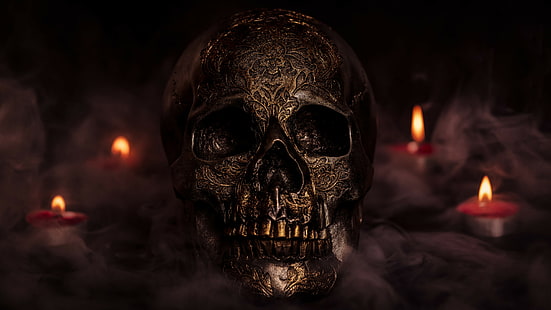 500px, skull, candles, smoke, HD wallpaper HD wallpaper