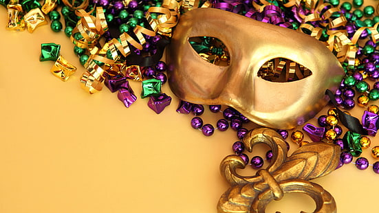 Mardi Gras, mascarada de cuentas de oro, morado y verde, mardi, gras, Fondo de pantalla HD HD wallpaper