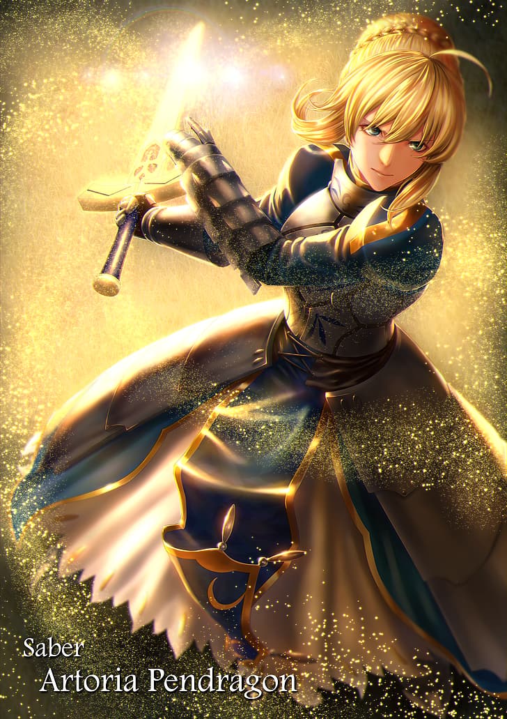 Fate/Zero, Fate/Stay Night, Fate Series, ahoge, armored woman, fan art, 2D, women with swords, green eyes, long hair, bangs, gauntlets, blue dress, Excalibur, standing, glowing, anime girls, Saber, Artoria Pendragon, vertical, anime, female warrior, Fate/Grand Order, blonde, solo, floating particles, fantasy art, artwork, Mugetsu Illust, HD wallpaper
