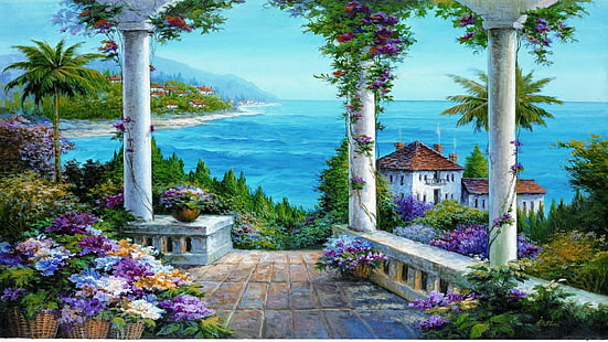 أعمدة بيضاء مطلة على البحر ، زهور ، تراس ، منظر ، أزرق ، أعمدة ، طبيعة ومناظر طبيعية، خلفية HD HD wallpaper