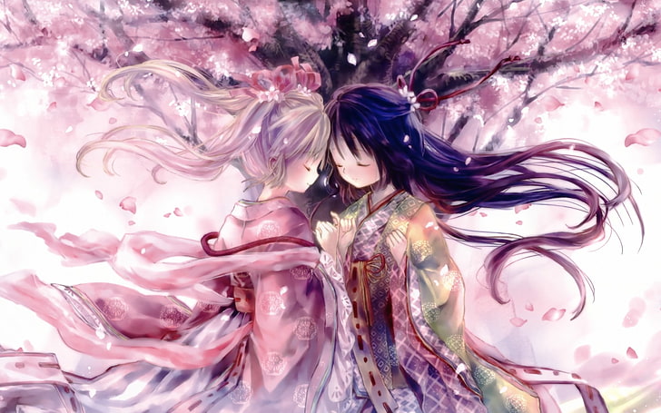 Tapete mit zwei weiblichen Anime-Charakteren, Kirschbäume, Kirschblüte, ursprüngliche Charaktere, Kimono, HD-Hintergrundbild