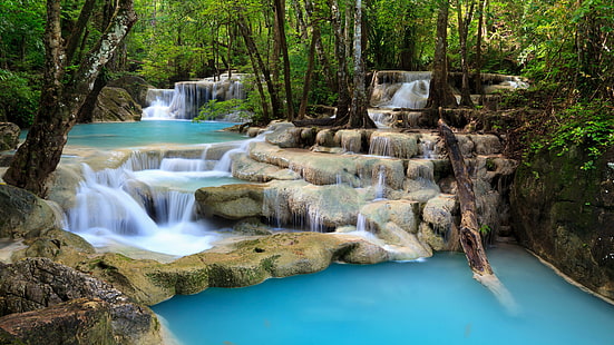 waterfall, erawan falls, erawan national park, national park, thailand, asia, creek, rocky, 8k uhd, picturesque, HD wallpaper HD wallpaper
