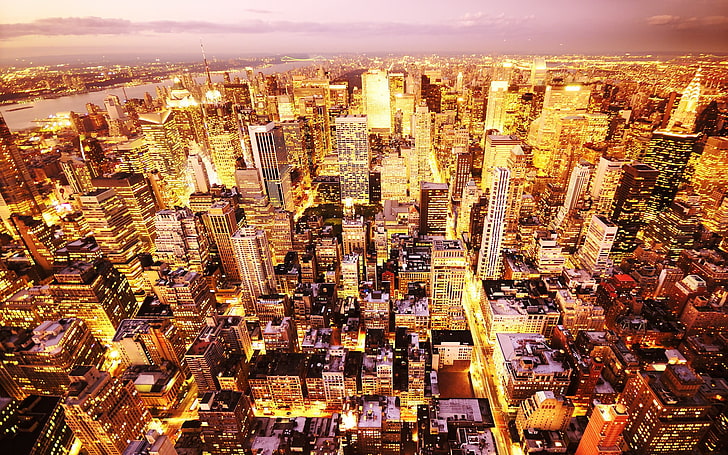 oświetlone wieżowce, pejzaż miejski, miasto, urban, Nowy Jork, Manhattan, światła, widok z lotu ptaka, Tapety HD