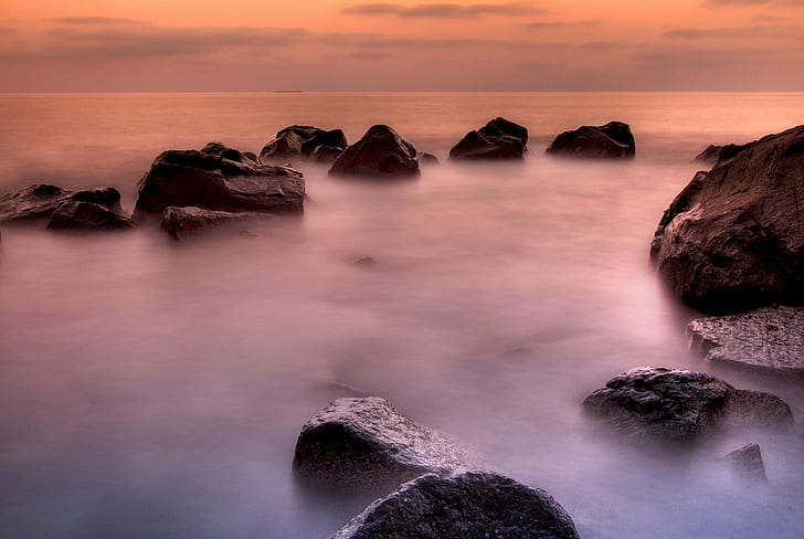 time-lapse photo of rocks beside the body of water, Zen, Explored, time-lapse, photo, rocks, body of water, lunga, cloudy, sunset, sea, nature, beach, rock - Object, coastline, water, seascape, dusk, landscape, scenics, beauty In Nature, long Exposure, outdoors, sunrise - Dawn, wave, HD wallpaper