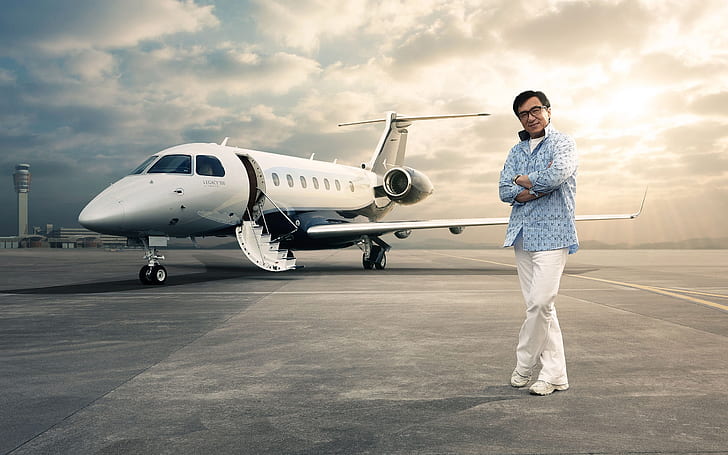 the sky, clouds, pose, smile, the plane, glasses, actor, shirt, runway, the airfield, the rays of the sun, pants, Chinese, Director, ladder, Jackie Chan, famous, HD wallpaper
