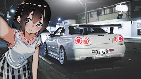 GTR R34, JDM, gadis anime, selfie, Wallpaper HD HD wallpaper