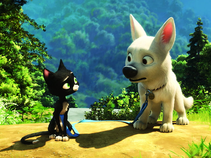 Dog And Cat Looking, dwa białe ilustracje postaci psów i czarnych kotów, kreskówki, kreskówki, pies, kot, Tapety HD