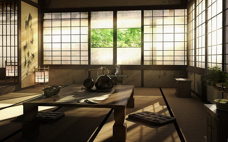 Mesa central rectangular de madera marrón, fotografía, interior, arquitectura, Japón, interior japonés, Fondo de pantalla HD