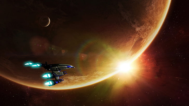 Mass Effect, Normandy SR-2, planet, spaceship, video games, Mass Effect 2, HD wallpaper