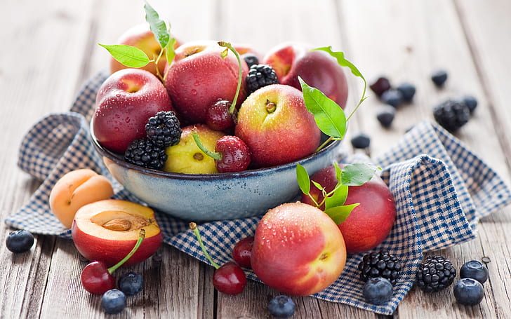 Fruktnärbild, persikor, nektariner, körsbär, blåbär, frukt, persikor, nektariner, körsbär, blåbär, HD tapet