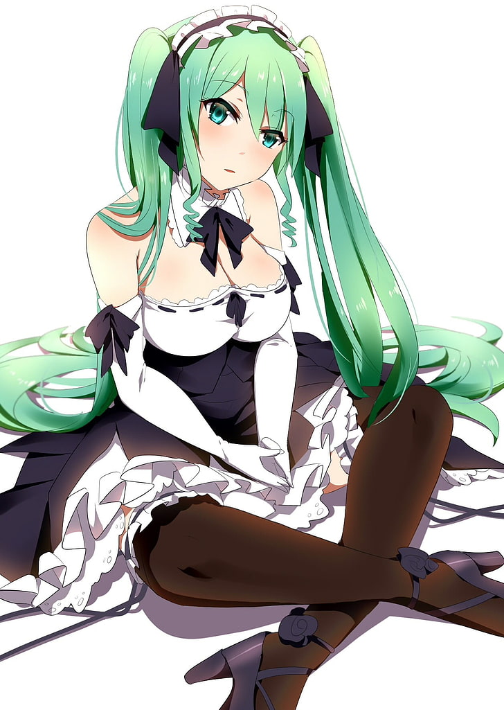 green hair, green eyes, anime girls, high heels, long hair, cleavage, twintails, maid outfit, HD wallpaper