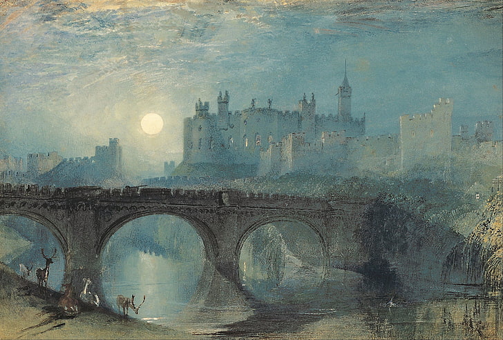 architecture, castle, ancient, tower, J. M. W. Turner, painting, classical art, bridge, animals, deer, river, England, arch, traditional art, shadow, HD wallpaper