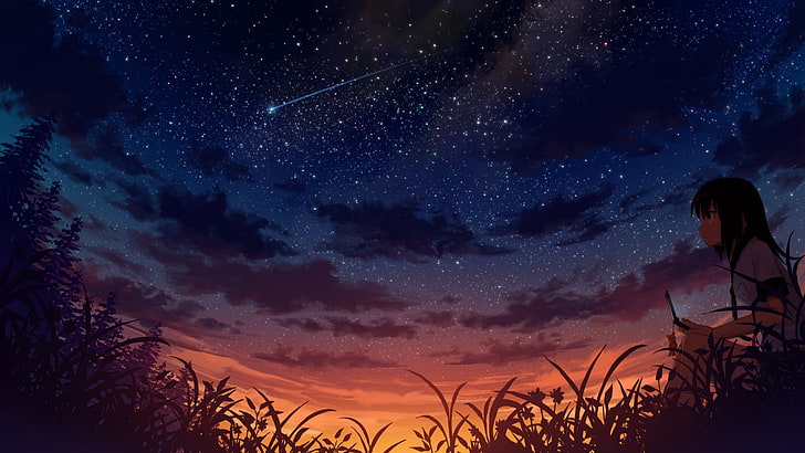 sternenklare Nächte und orange Sonnenuntergangmalerei, Anime, Landschaft, Sterne, Himmel, Animemädchen, Wolken, Sonnenuntergang, Gras, Bäume, Schuluniform, HD-Hintergrundbild