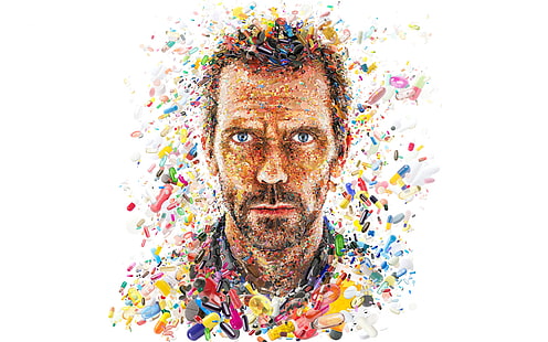 wajah, kolase, Hugh Laurie, pil, Dr. House, obat-obatan, kapsul, Gregory House, Wallpaper HD HD wallpaper