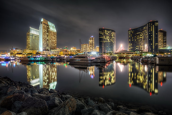 paisaje urbano, HDR, San Diego, EE.UU., reflexión, noche, Fondo de pantalla HD