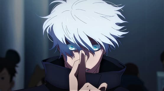 Jujutsu Kaisen, Satoru Gojo, händer, blå ögon, glödande ögon, vitt hår, anime, Anime-skärmdump, anime boys, HD tapet HD wallpaper
