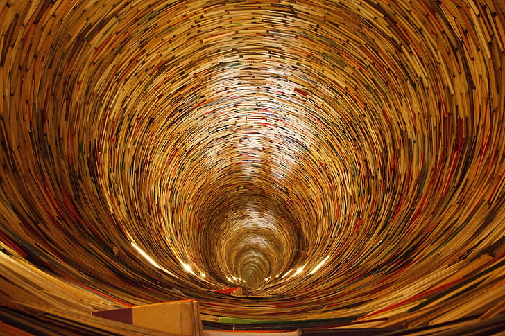 book, books, circle, curly, education, knowledge, learn, library, prague, royalty, school, stack, swirl, tunnel, HD wallpaper