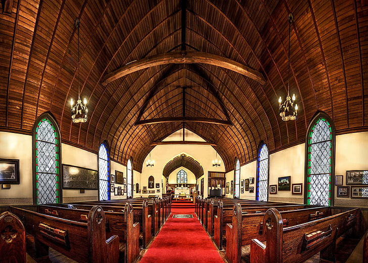 aisle, altar, arches, architecture, ceiling, church, furniture, house of worship, indoors, inside, interior design, lights, pews, seat, spiritual, stained glass, windows, wood, HD wallpaper