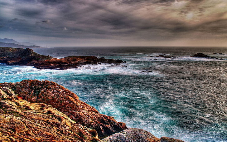 cuerpo de agua, mar, tormenta, nubes, antes de una tormenta, emoción, rocas, Fondo de pantalla HD