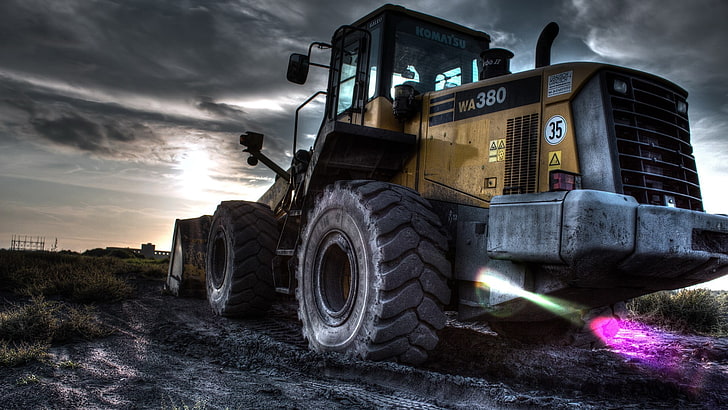 yellow and black backhoe truck, front end loader, construction vehicles, vehicle, HD wallpaper