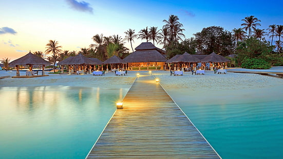 resort, caribe, lazer, férias, trópicos, cidade turística, céu, turismo, mar, água, oceano, praia, palmeira, lagoa, maldivas, paraíso, HD papel de parede HD wallpaper