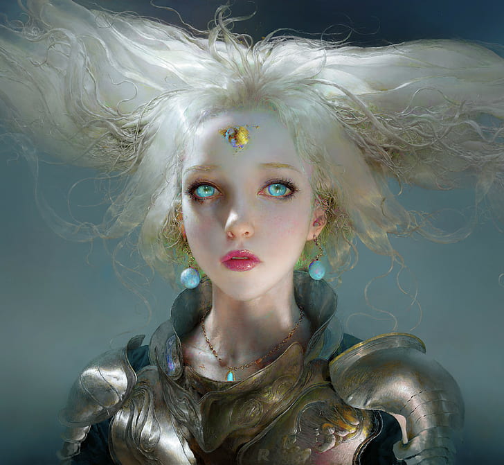 Ruan Jia, women, blue eyes, warrior, armor, fantasy art, artwork, blonde, digital art, fantasy girl, HD wallpaper