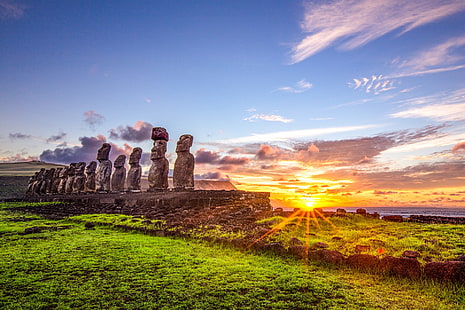 Moai, Easter Island, statue, Chile, Rapa Nui, grass, sea, blue, yellow, green, nature, landscape, HD wallpaper HD wallpaper