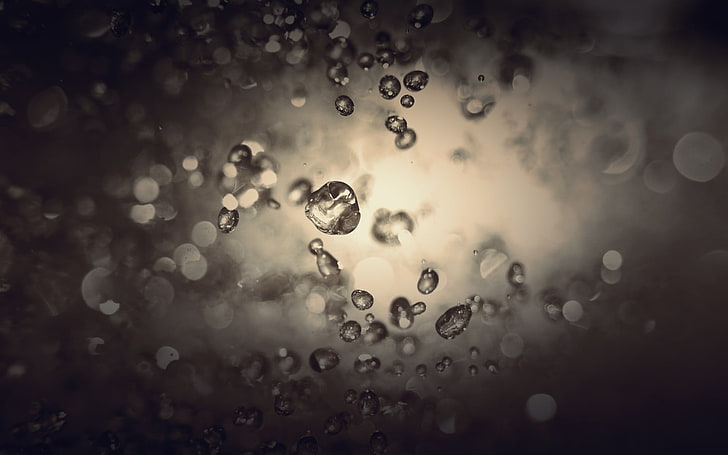 water droplet, water dew, photography, macro, water drops, sepia, bubbles, underwater, water, brown, bokeh, HD wallpaper