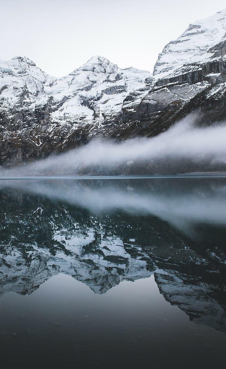 nature, eau, neige, montagnes, pic enneigé, lac, brume, réflexion, Fond d'écran HD, fond d'écran de téléphone