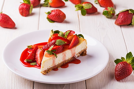 cake, sweets, food, strawberries, mint leaves, HD wallpaper HD wallpaper