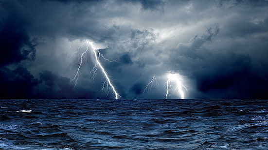 море, шторм, молнии, облака, ночь, океан, HD обои HD wallpaper