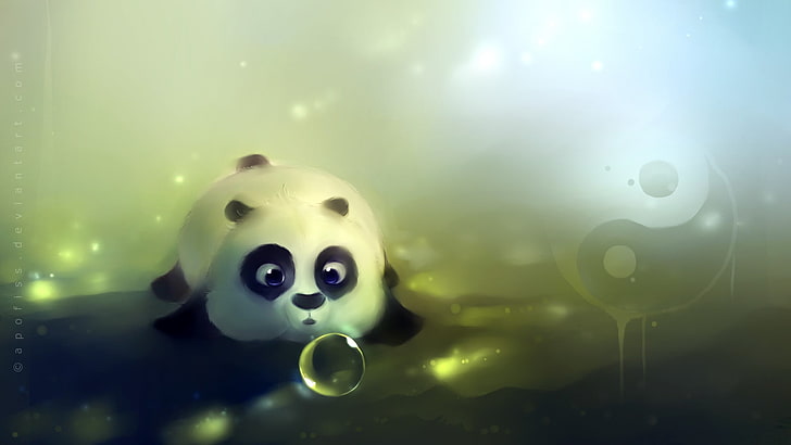 panda bertiup seni klip gelembung, Apofiss, panda, karya seni, gelembung, Yin dan Yang, seni fantasi, Wallpaper HD