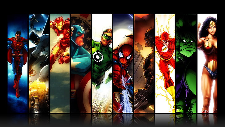 DC Justice League illustration, Wonder Woman, Hulk, Batman, Wolverine, Iron Man, Green Lantern, Captain America, Superman, superheroes, Marvel Comics, DC Comics, Spiderman, Flash, HD wallpaper