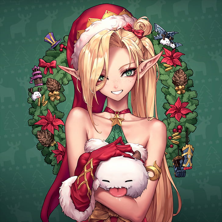 Christmas, League of Legends, Oopartz Yang, Jinx (League of Legends), pointed ears, gloves, Santa hats, blonde, green eyes, red bow, portrait display, HD wallpaper